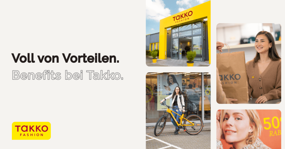 Vier Bilder werben für Takko Fashion: die Außenansicht des Geschäfts, eine lächelnde Frau mit einer Takko-Einkaufstasche, eine Frau mit Fahrrad und Einkaufstasche sowie eine Nahaufnahme einer lächelnden Frau mit der Aufschrift „50“ im Hintergrund. Der Text hebt die Vorteile hervor.