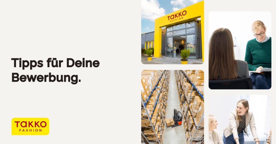 Collage, die die Außenansicht des Takko Fashion Stores, Menschen bei Vorstellungsgesprächen, ein Lager mit Regalen und Kartons sowie den Text „Tipps für Deine Bewerbung.“ auf hellem Hintergrund zeigt.