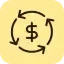 Ein schwarzes Dollarzeichen, umgeben von drei kreisförmigen Pfeilen auf gelbem Hintergrund, symbolisiert Cashflow, Währungsumtausch oder Finanztransaktionen.