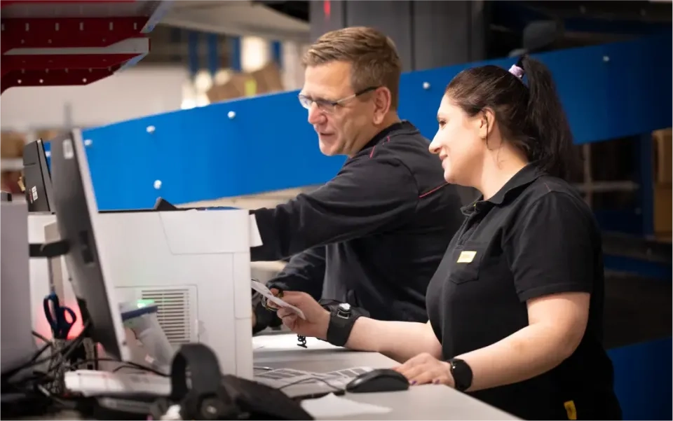 Zwei Personen in schwarzen Uniformen arbeiten gemeinsam an Computern in einem modernen Büro oder Lager, schauen auf Bildschirme und lächeln, während sie mit elektronischen Geräten interagieren.