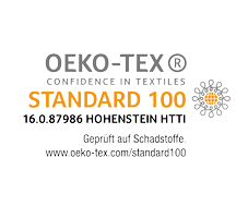Logo für die OEKO-TEX Standard 100-Zertifizierung mit dem Text „OEKO-TEX Textiles Vertrauen, STANDARD 100“ und Zertifizierungsdetails. Auf der rechten Seite befindet sich ein kreisförmiges Emblem mit einem eingewebten Muster.