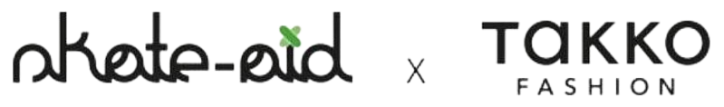 Logos für Nkete Aid (mit einem grünen Blatt über dem i) und Takko Fashion, getrennt durch einen Buchstaben x, was auf eine Zusammenarbeit zwischen den beiden Marken hinweist.