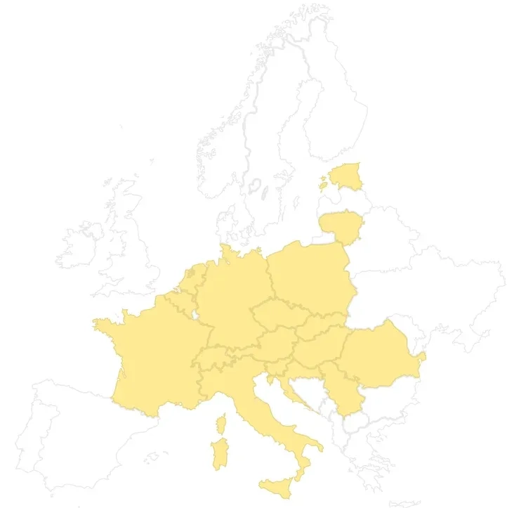 Eine Europakarte mit mehreren gelb hervorgehobenen mittel- und osteuropäischen Ländern, darunter Deutschland, Polen, Tschechien, Österreich, die Schweiz, Ungarn, die Slowakei, Slowenien, Rumänien und andere.