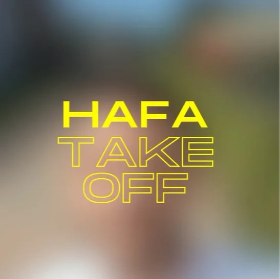 Der gelbe Text „HAFA TAKE OFF“ wird in fetten Großbuchstaben vor einem unscharfen Hintergrund einer Außenlandschaft angezeigt.