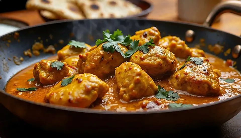 A skillet filled with pieces of chicken simmering in a creamy orange curry sauce, garnished with fresh cilantro, with naan bread visible in the background.