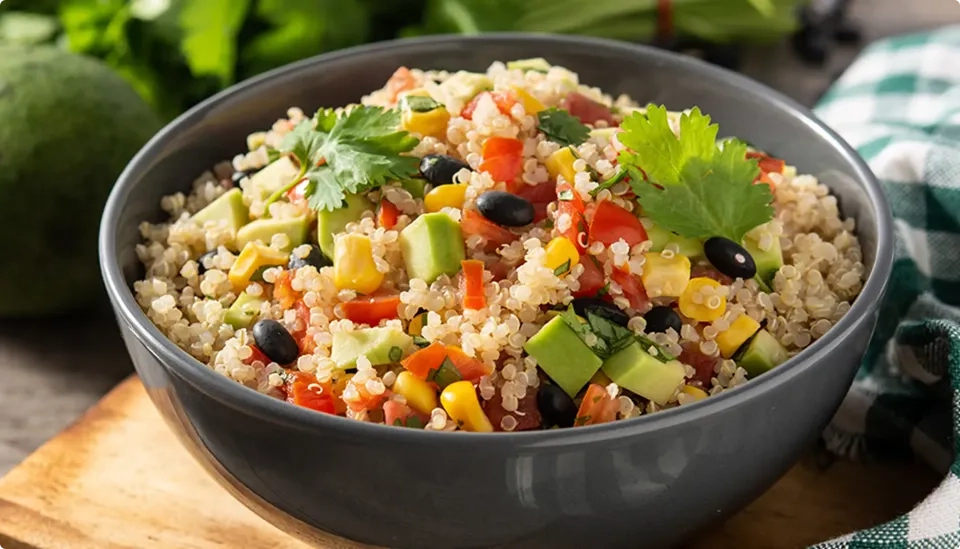 A bowl of quinoa salad with diced avocado, tomatoes, black beans, corn, and fresh cilantro, served in a gray bowl on a wooden surface with fresh herbs in the background.
