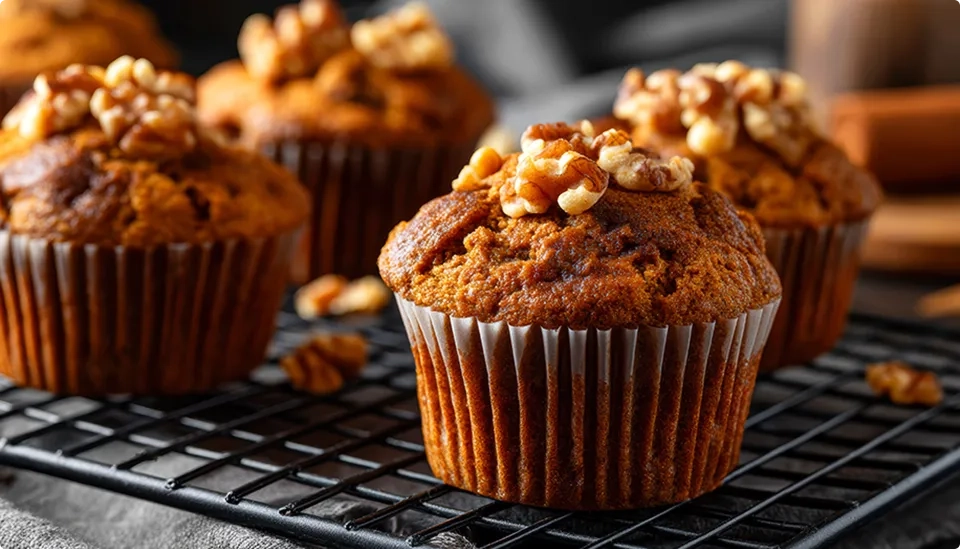 Freshly baked muffins topped with chopped walnuts are arranged on a black cooling rack, with a soft, warm lighting highlighting their golden-brown color and moist texture.