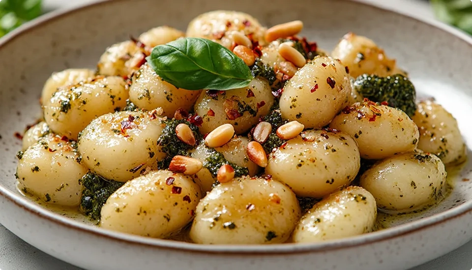 A bowl of gnocchi topped with green pesto sauce, pine nuts, red pepper flakes, and a fresh basil leaf, served in a shallow beige dish.