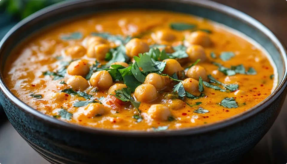 A bowl of creamy chickpea curry garnished with fresh chopped cilantro and red spices, served in a dark ceramic bowl.