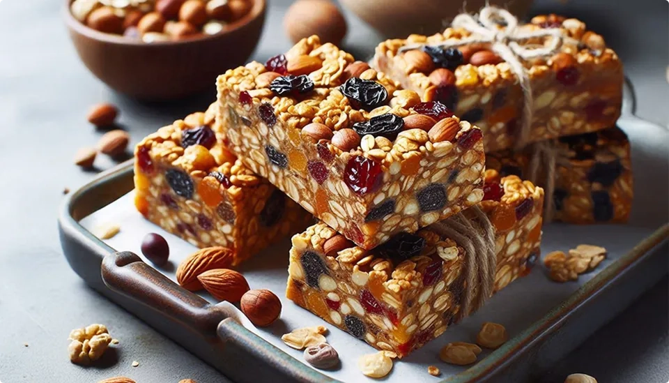 A stack of homemade granola bars with nuts and dried fruits sits on a tray, surrounded by scattered almonds, walnuts, and a bowl of mixed nuts in the background.