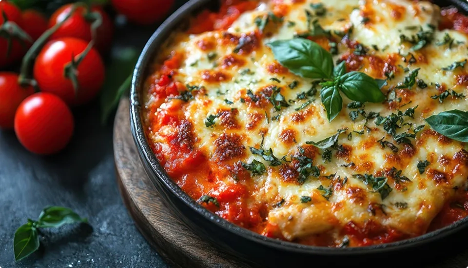 A baked dish topped with melted, golden-brown cheese and fresh basil leaves, surrounded by a rich tomato sauce. Fresh tomatoes and basil leaves are visible in the background.