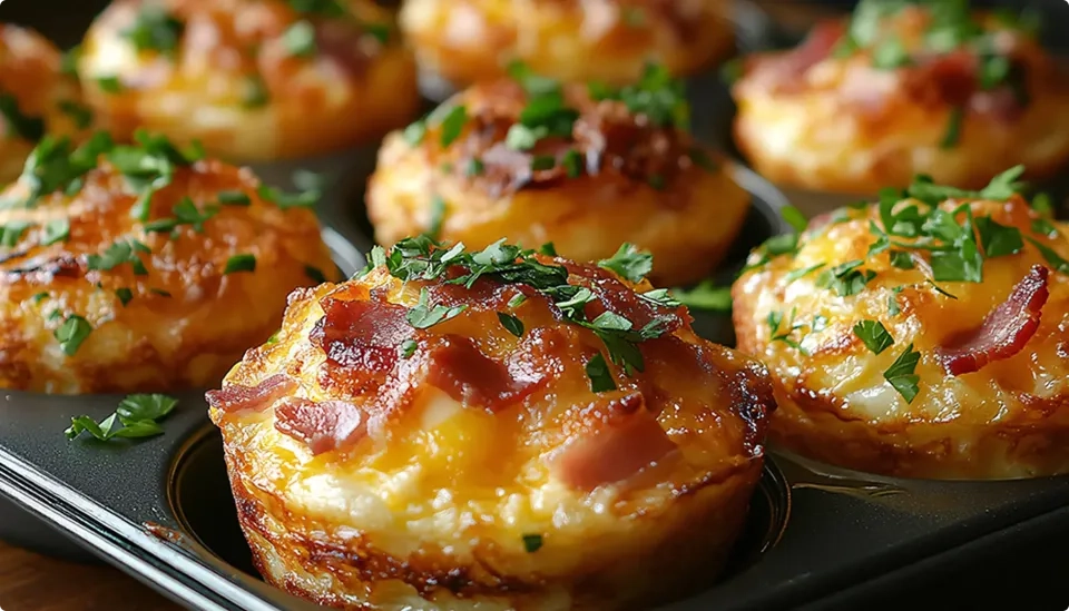 Close-up of baked egg muffins topped with melted cheese, crispy bacon pieces, and chopped fresh herbs, served in a muffin tin.