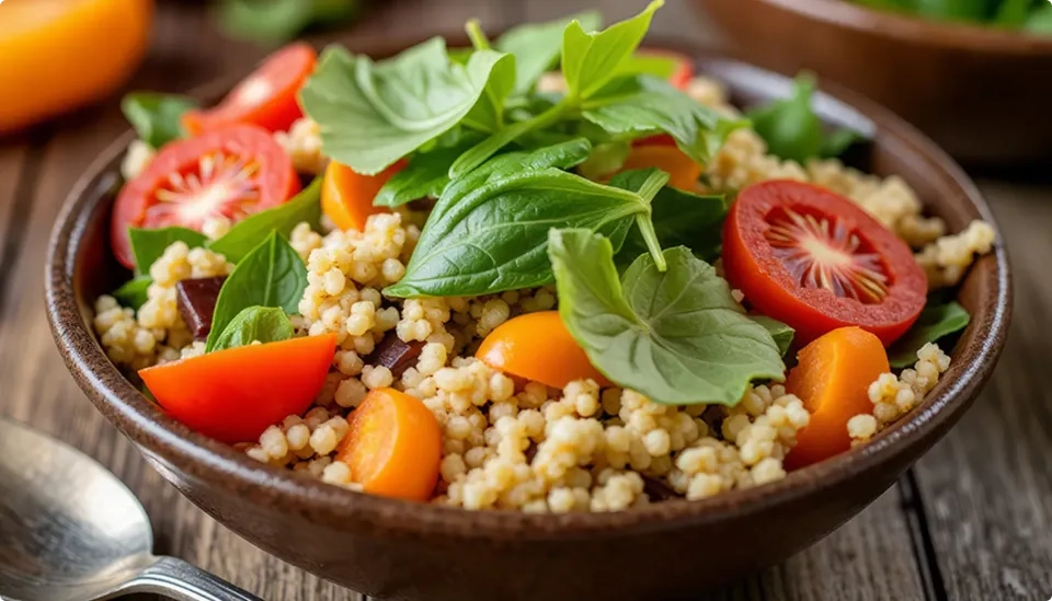 A bowl of couscous salad with halved cherry tomatoes, orange tomato pieces, and fresh basil leaves, served on a wooden table.