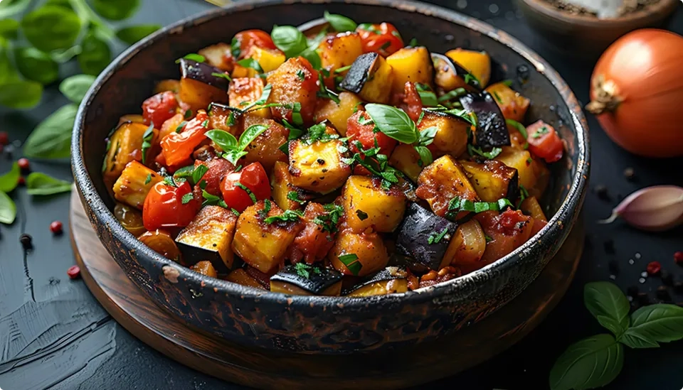 A rustic bowl filled with colorful ratatouille made of diced eggplant, zucchini, tomatoes, and herbs, garnished with fresh basil, sitting on a dark wooden table with herbs and vegetables in the background.