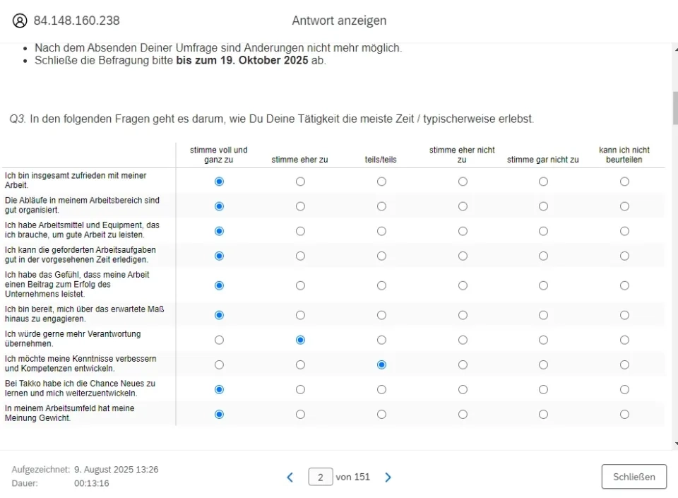 Screenshot of a German online survey page. Respondents rate statements about their work experience on a scale from strongly agree to strongly disagree. Multiple choice bubbles are filled in. Navigation and date information are visible.