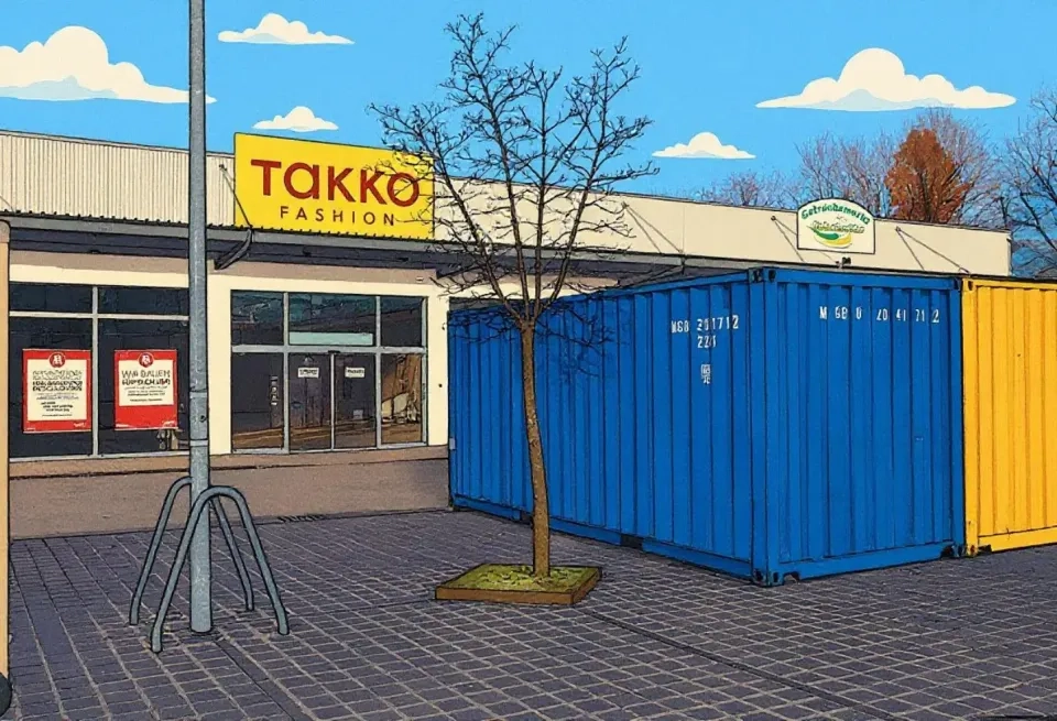 A leafless tree stands on a paved area near two shipping containers, one blue and one yellow, in front of a Takko Fashion shop with large windows and a sunny sky above.