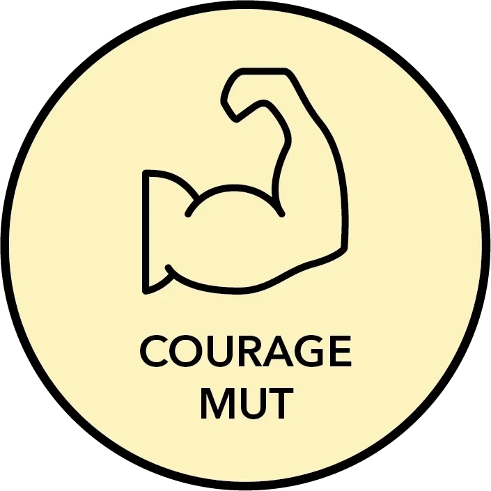 Eine einfache schwarze Umrisszeichnung eines angespannten Bizeps in einem beigen Kreis mit den Wörtern COURAGE und MUT unterhalb des Arms.