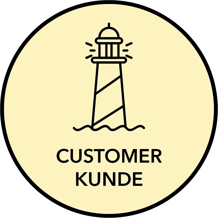 Eine einfache Strichzeichnung eines Leuchtturms über welligem Wasser, darunter die Wörter CUSTOMER und KUNDE, alles eingefasst in einen kreisförmigen beigen Hintergrund.