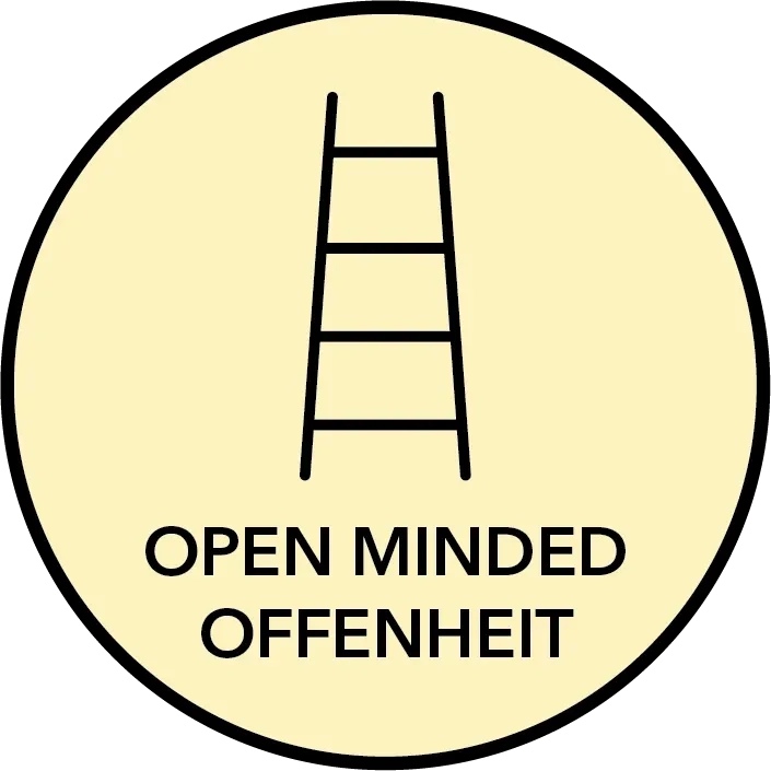 Ein einfaches Symbol einer schwarzen Leiter in einem beigen Kreis mit dem darunter in fetten Großbuchstaben geschriebenen Schriftzug OPEN MINDED OFFENHEIT.