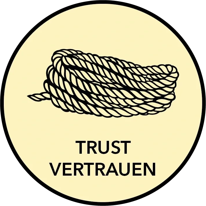 In der Mitte eines gelben Kreises befindet sich ein aufgerolltes Seil. Unterhalb des Seils stehen in schwarzen Großbuchstaben die Wörter TRUST und VERTRAUEN.